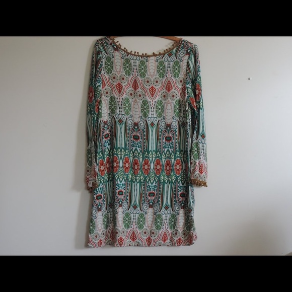 70's Style Tassle Trim Flower Hip 3/4 Length Sleeve Size Medium Dress - Picture 2 of 5